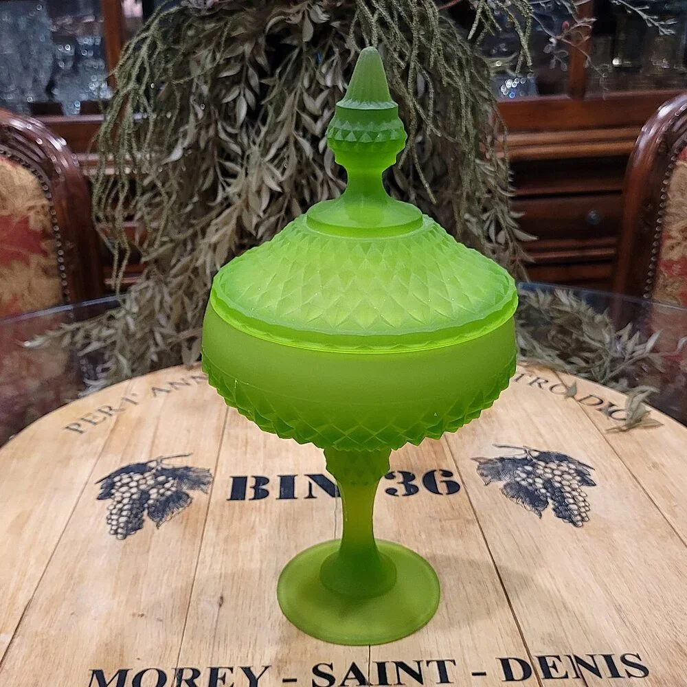 Vintage Satin Green Diamond Cut Indiana Glass Pedestal Candy Dish MCM